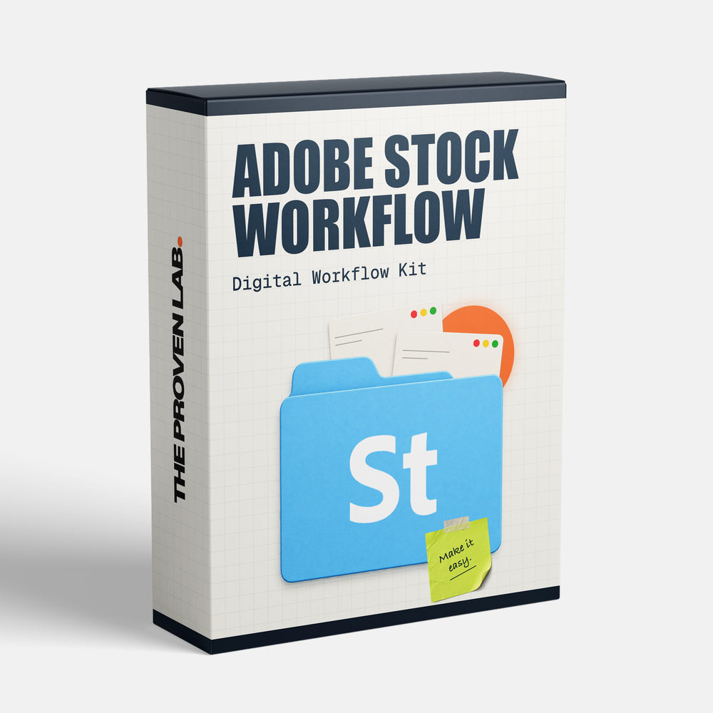 Adobe Stock Workflow digital kit by TheProvenLab, with a blue folder and workflow files on a cream software box
