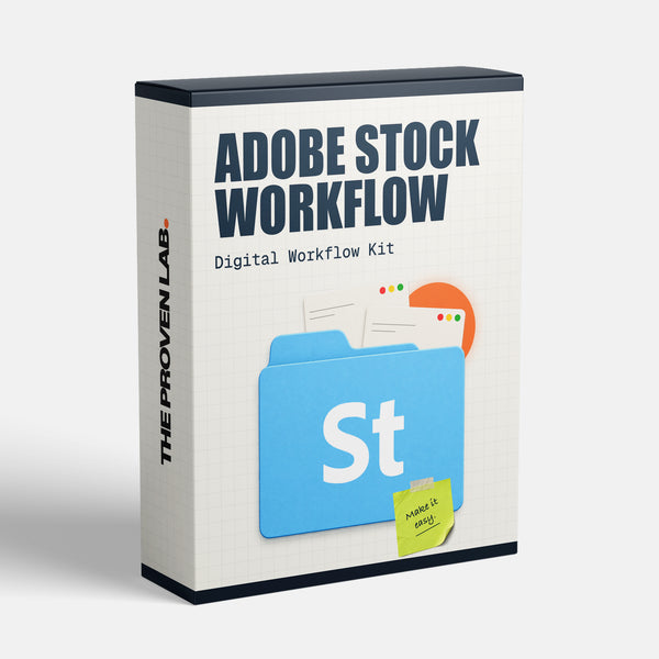 Adobe Stock Workflow digital kit by TheProvenLab, with a blue folder and workflow files on a cream software box